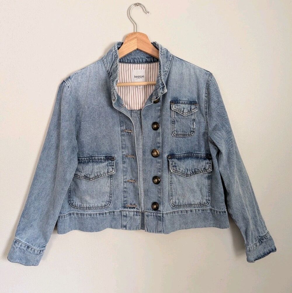KENSIE Cotton Denim Utility Jacket Light Blue Wash Mock Neck Pockets Crop S
